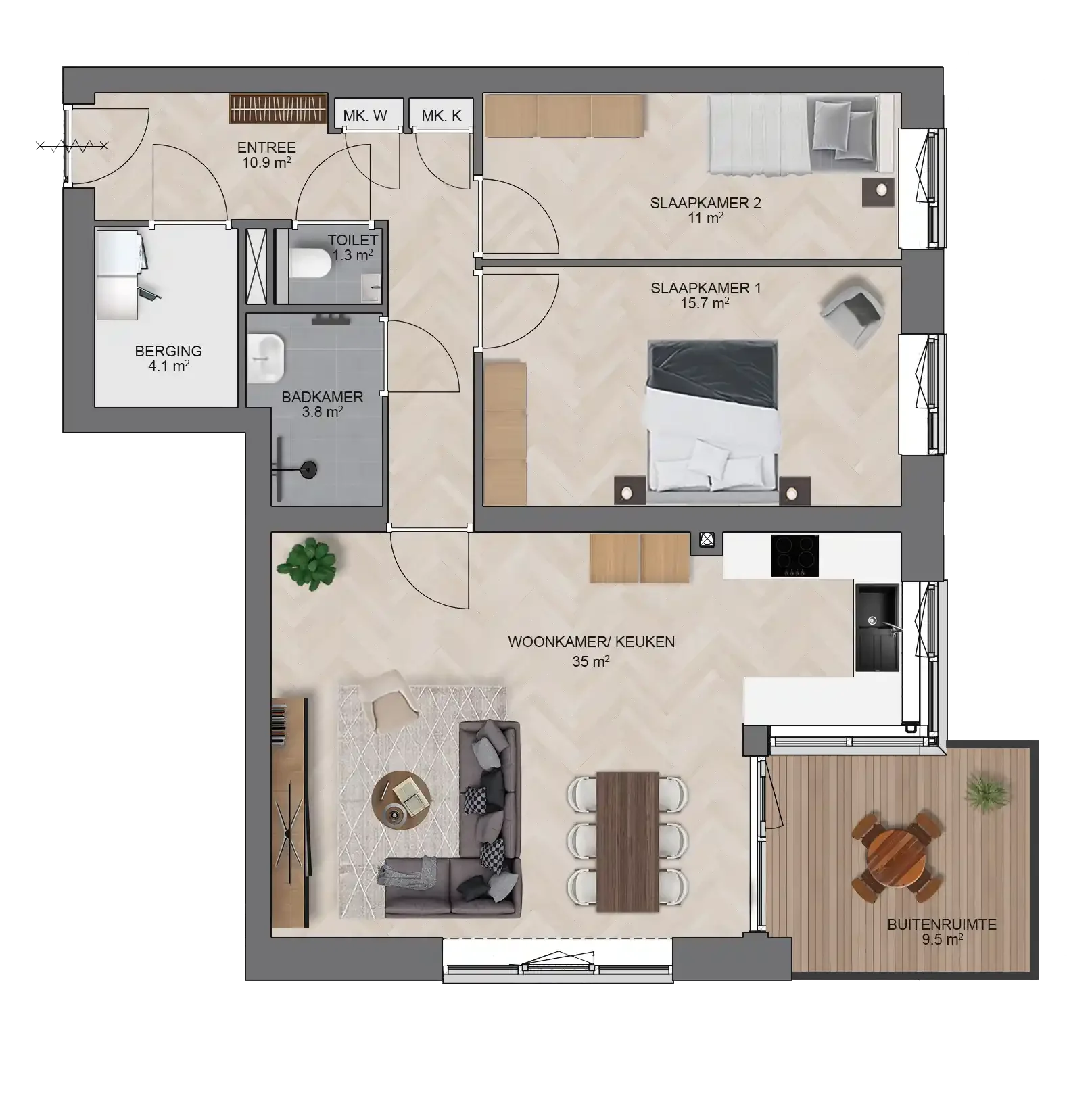 Nieuwbouw appartement Wonen in de Baronie Dordrecht, type A gespiegeld - plattegrond