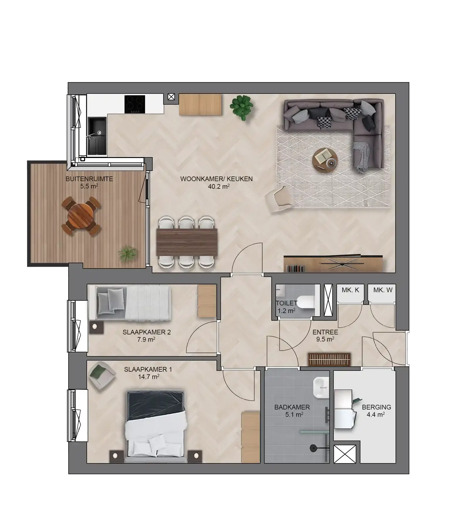 Nieuwbouw appartement Wonen in de Baronie Dordrecht, type B - plattegrond