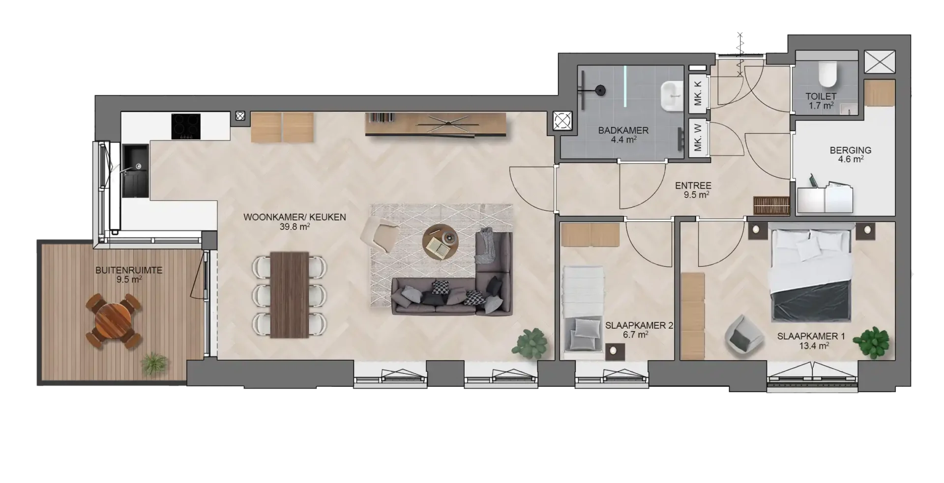 Nieuwbouw appartement Wonen in de Baronie Dordrecht, type C gespiegeld - plattegrond