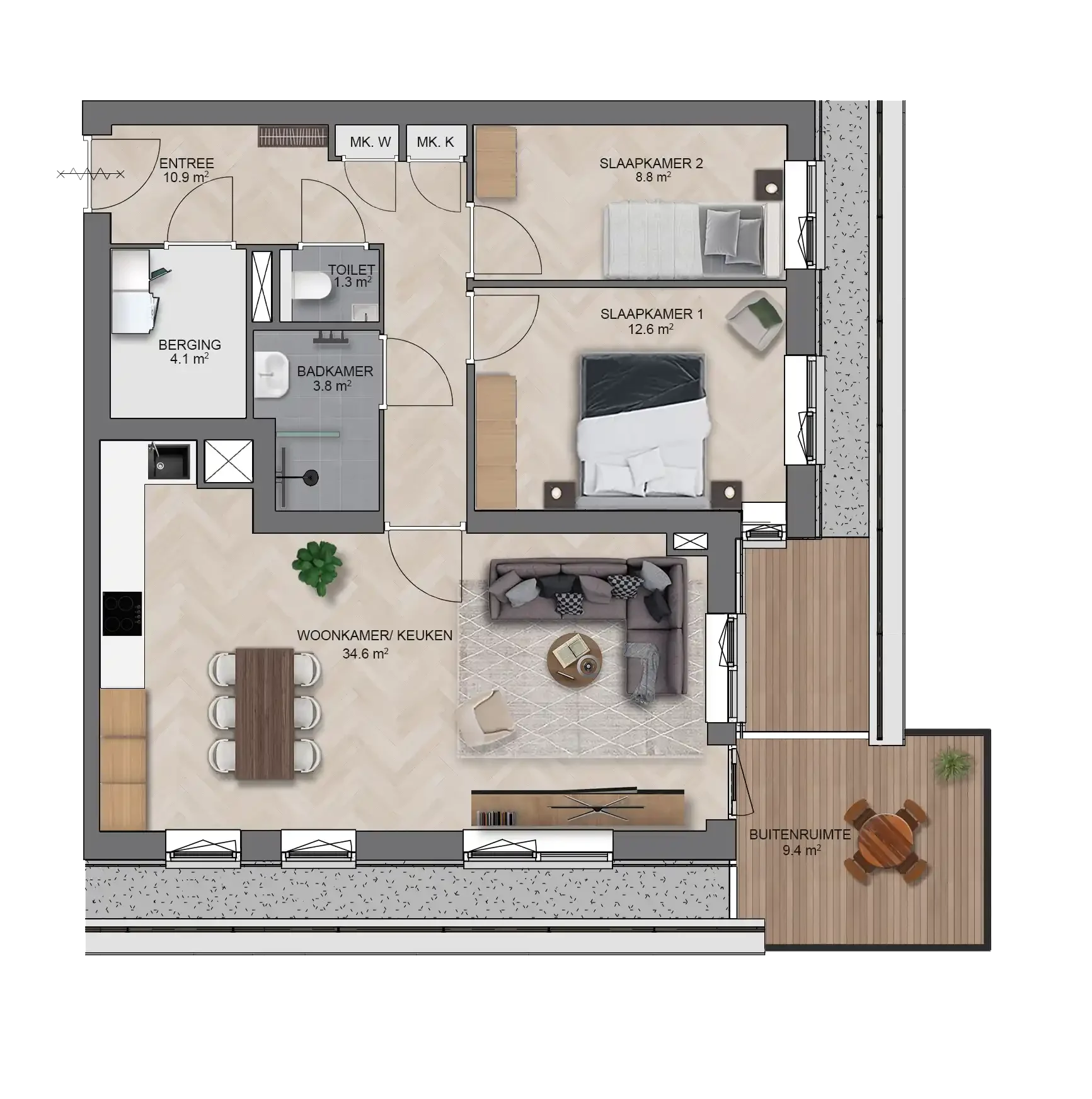 Nieuwbouw appartement Wonen in de Baronie Dordrecht, type D - plattegrond