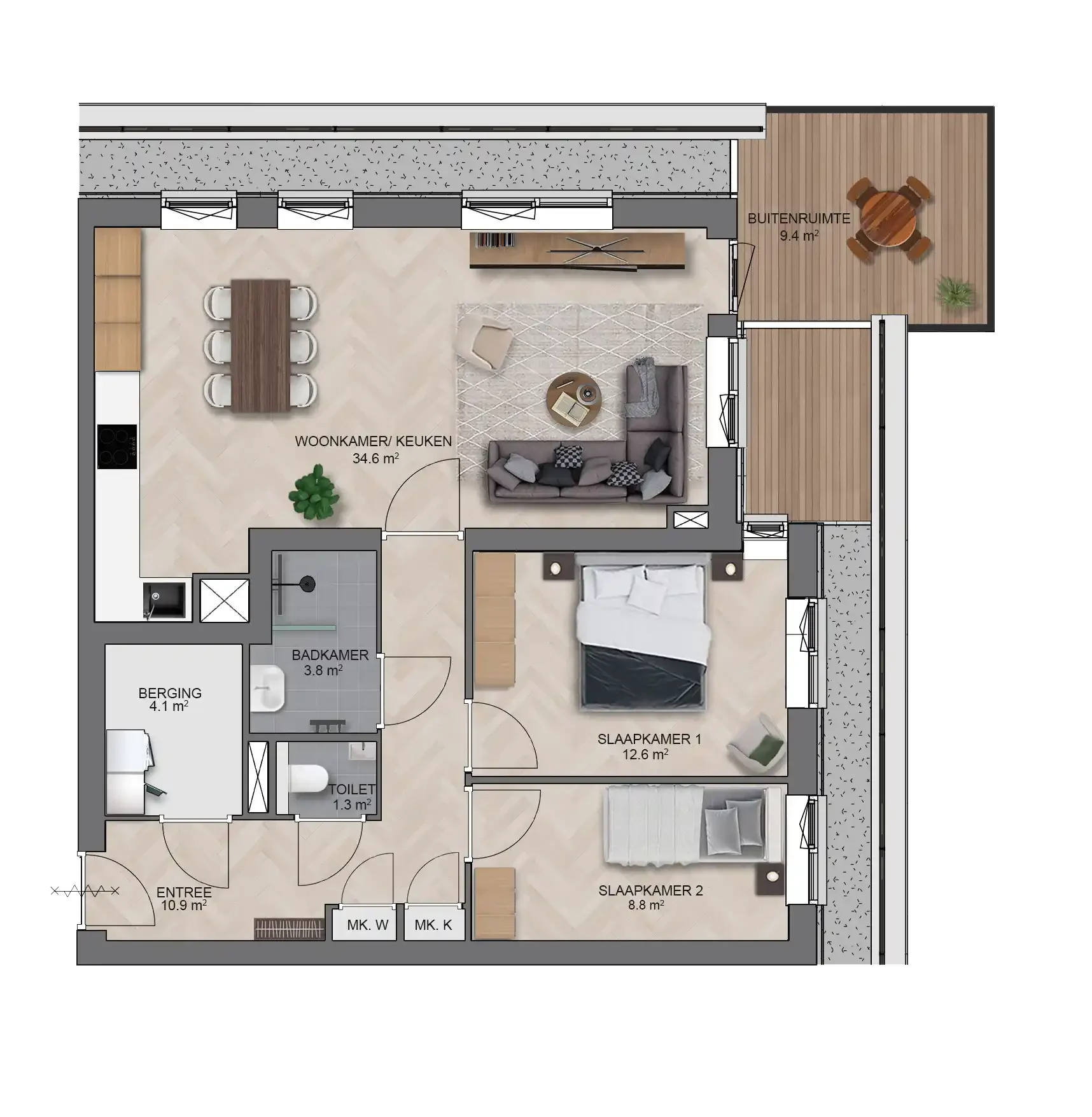 Nieuwbouw appartement Wonen in de Baronie Dordrecht, type D gespiegeld - plattegrond