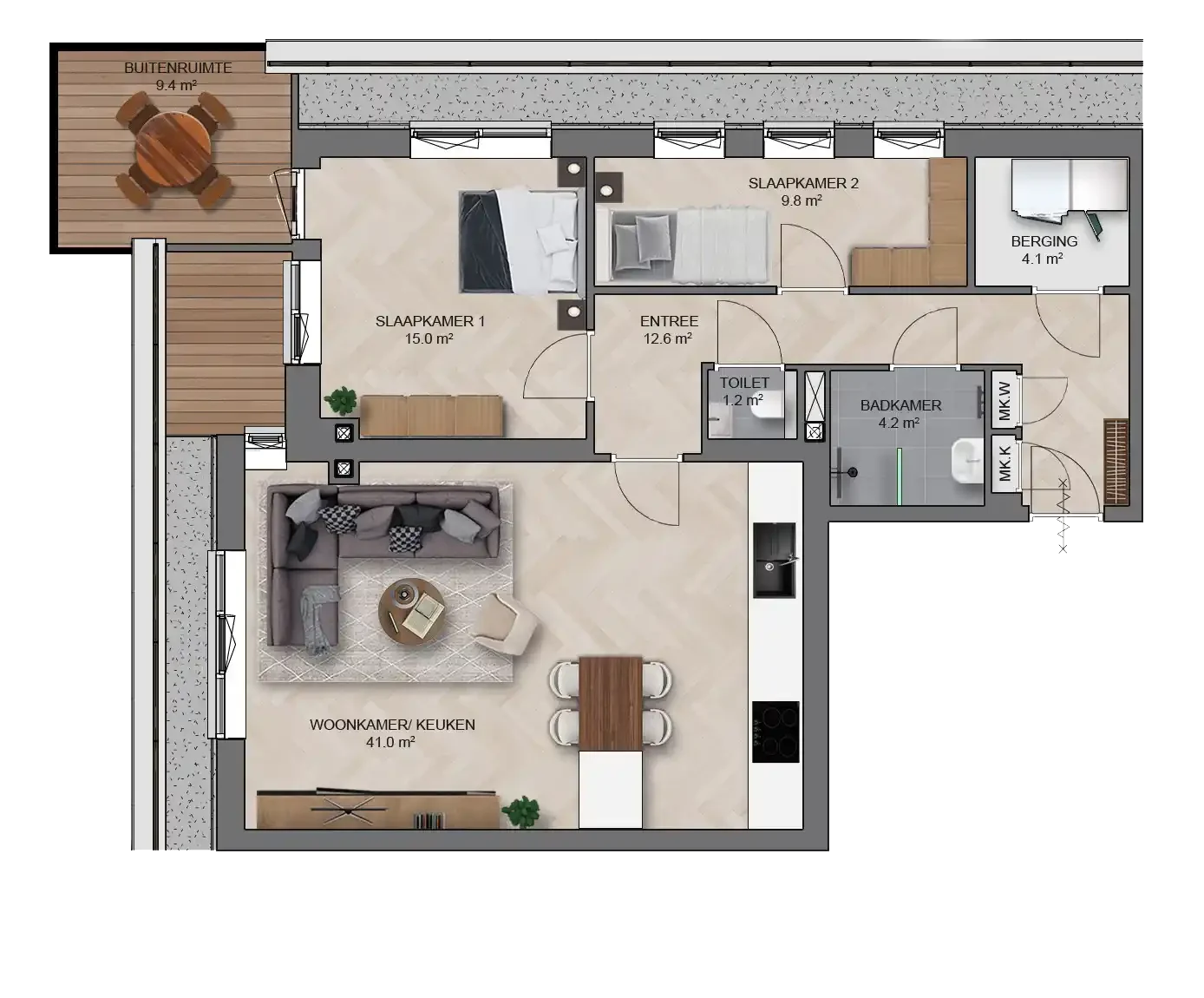 Nieuwbouw appartement Wonen in de Baronie Dordrecht, type E gespiegeld - plattegrond